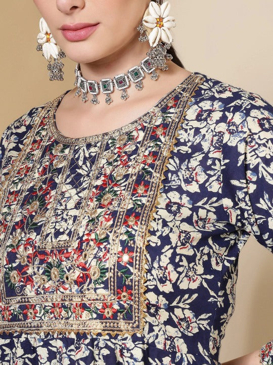 Blue Printed Anarkali Kurta Set with Palazzos & Dupatta
