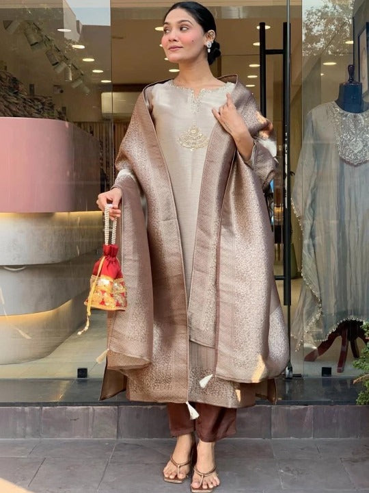 Rose Gold Embroidered Straight Kurta Set with Trousers & Dupatta