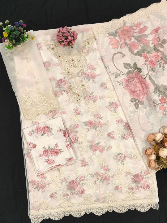 Women Floral Embroidered Regular Beads and Stones Silk Chiffon Kurta with Palazzos & With Dupatta