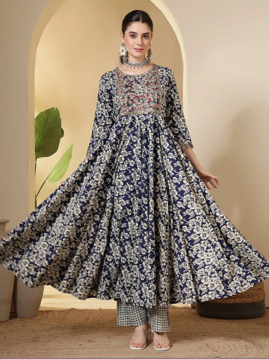 Blue Printed Anarkali Kurta Set with Palazzos & Dupatta