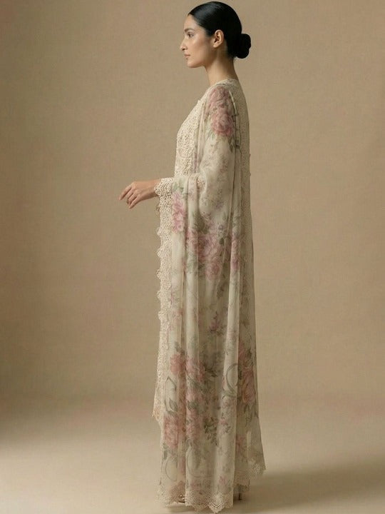 Women Floral Embroidered Regular Beads and Stones Silk Chiffon Kurta with Palazzos & With Dupatta