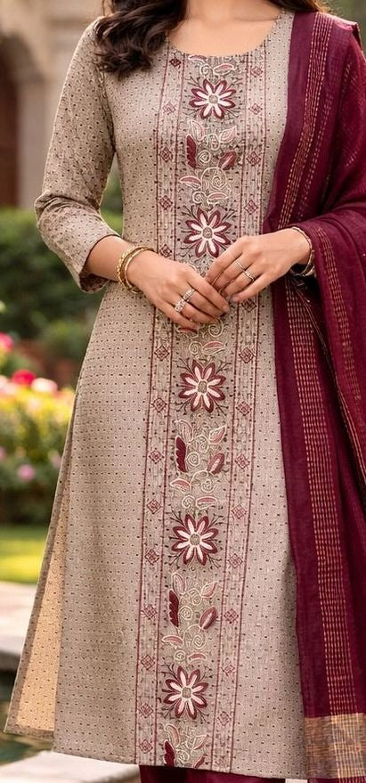Beige, Burgundy and Gold-Toned Embroidered Kurta with Trousers & Dupatta
