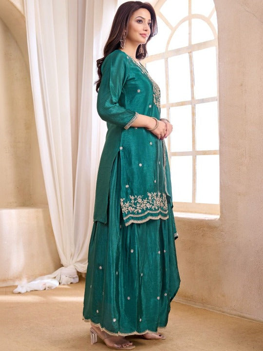 Women Ethnic Motifs Embroidered Regular Thread Work Kurta with Sharara & With Dupatta