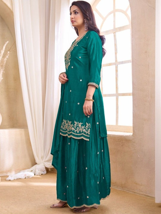 Women Ethnic Motifs Embroidered Regular Thread Work Kurta with Sharara & With Dupatta