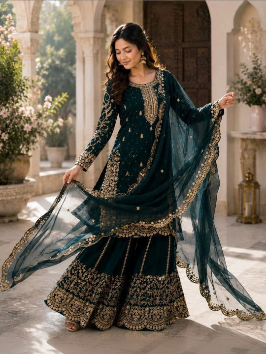 Women Ethnic Motifs Embroidered Regular Silk Georgette Kurta with Palazzos & With Dupatta