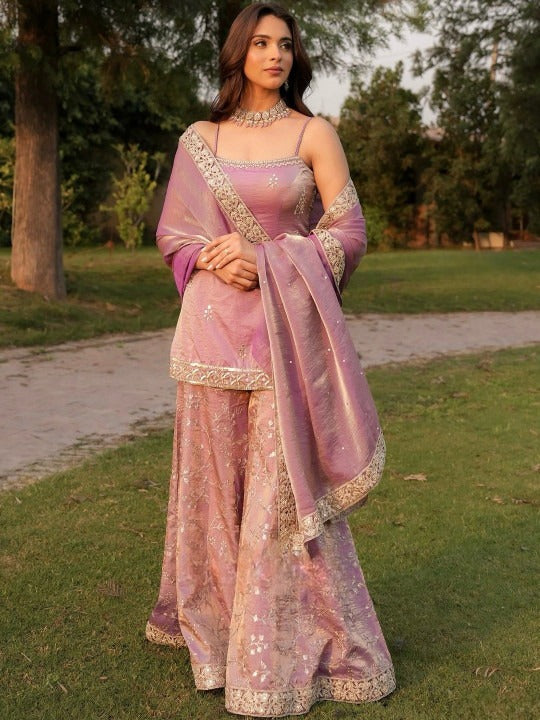 Women Ethnic Motifs Embroidered Regular Thread Work Kurta With Sharara & Dupatta