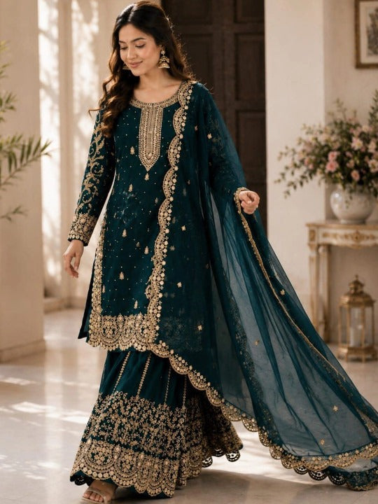 Women Ethnic Motifs Embroidered Regular Silk Georgette Kurta with Palazzos & With Dupatta