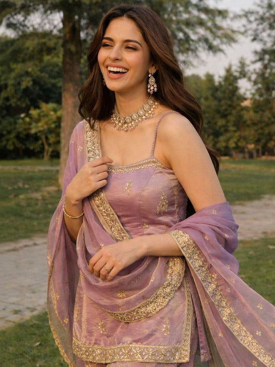 Women Ethnic Motifs Embroidered Regular Thread Work Kurta With Sharara & Dupatta