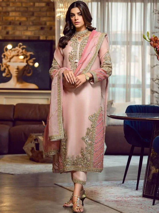 Embroidered Floral Georgette Kurta Trouser Set With Dupatta