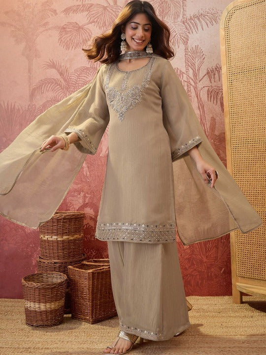 Women Floral Embroidered Regular Sequinned Kurta with Palazzos & With Dupatta
