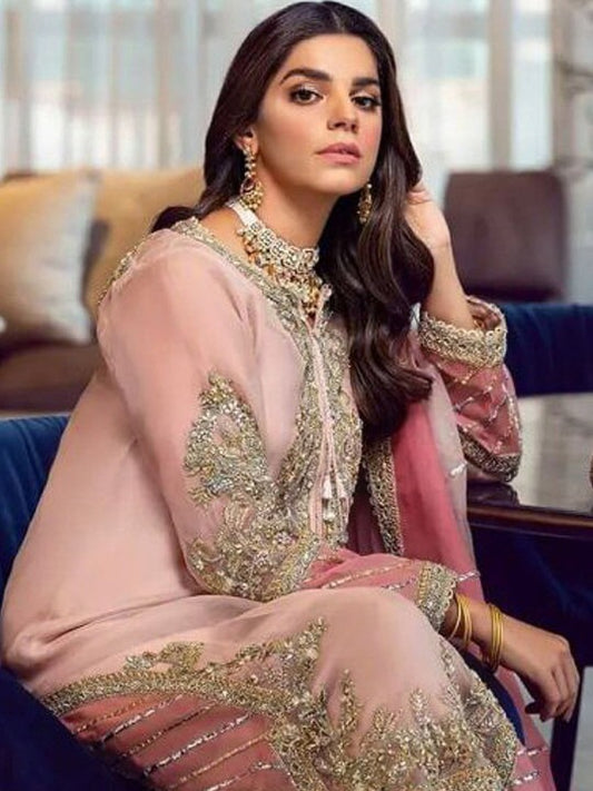 Embroidered Floral Georgette Kurta Trouser Set With Dupatta