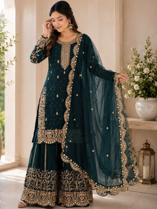 Women Ethnic Motifs Embroidered Regular Silk Georgette Kurta with Palazzos & With Dupatta