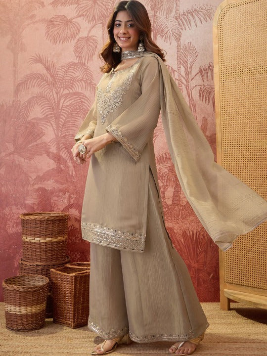 Women Floral Embroidered Regular Sequinned Kurta with Palazzos & With Dupatta