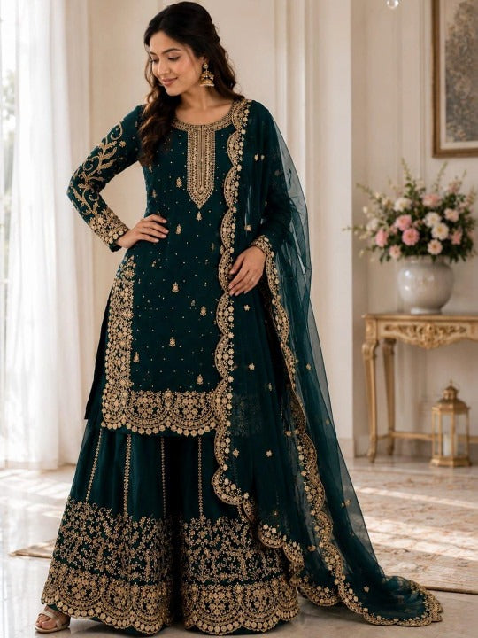 Women Ethnic Motifs Embroidered Regular Silk Georgette Kurta with Palazzos & With Dupatta