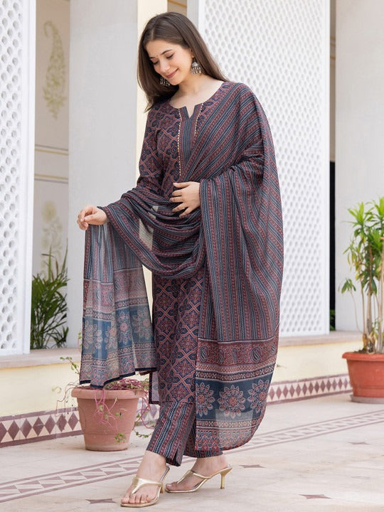 Ethnic Motifs Printed Regular Gotta Patti Straight Kurta with Trousers & Dupatta