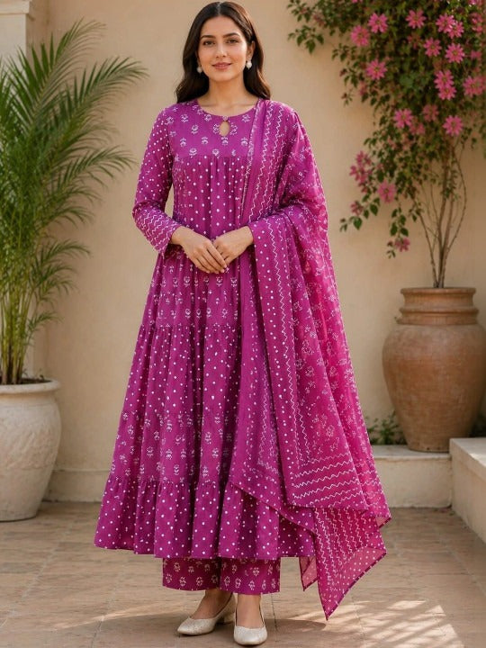 Purple Printed Anarkali Kurta Set with Trousers & Dupatta