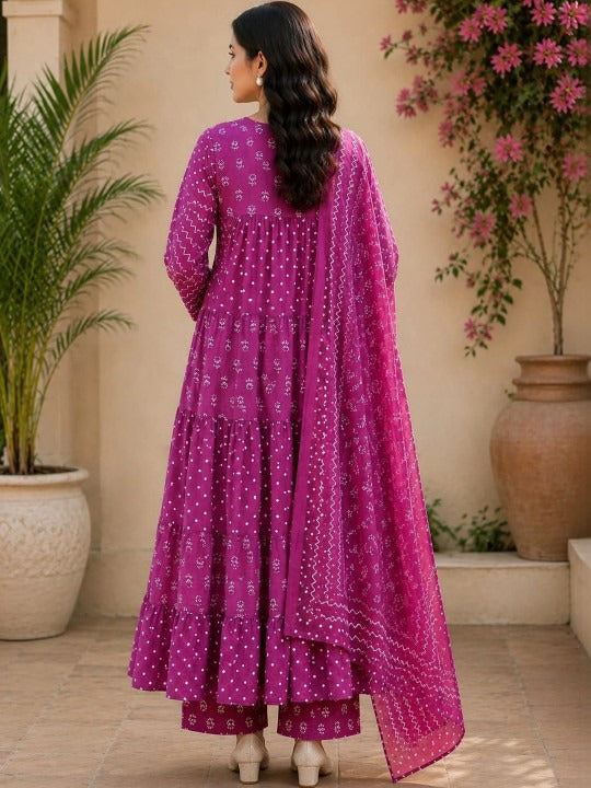 Purple Printed Anarkali Kurta Set with Trousers & Dupatta