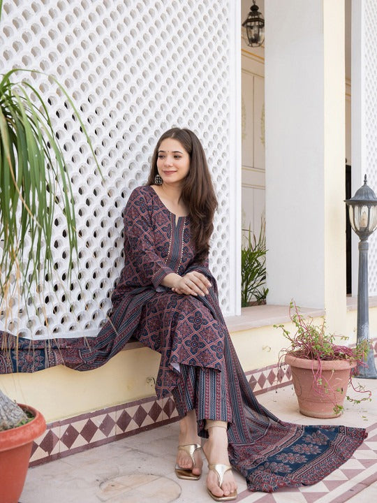 Ethnic Motifs Printed Regular Gotta Patti Straight Kurta with Trousers & Dupatta