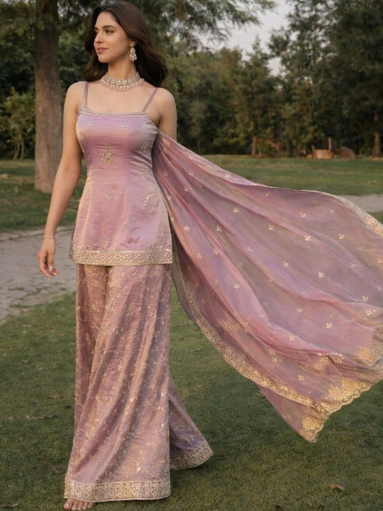 Women Ethnic Motifs Embroidered Regular Thread Work Kurta With Sharara & Dupatta