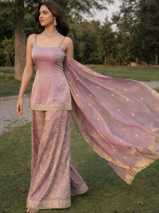 Women Ethnic Motifs Embroidered Regular Thread Work Kurta With Sharara & Dupatta