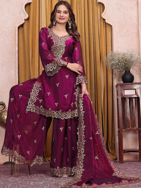 Women Ethnic Motifs Embroidered Regular Kurta with Sharara & With Dupatta