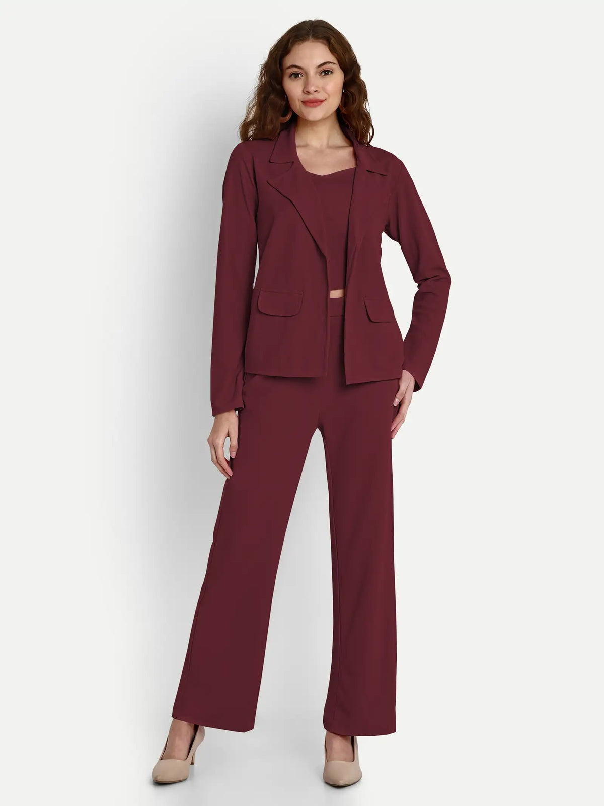 Maroon Solid Co-ord Set with Crop Top, Pant & Blazer