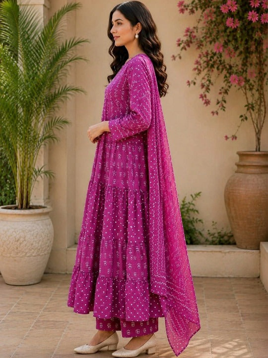 Purple Printed Anarkali Kurta Set with Trousers & Dupatta