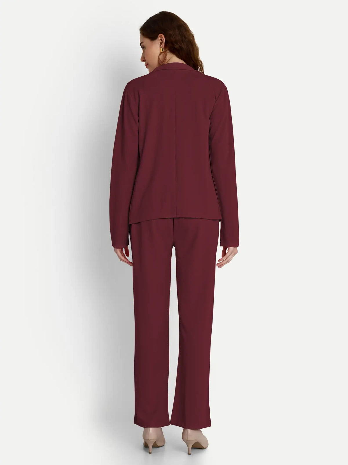 Maroon Solid Co-ord Set with Crop Top, Pant & Blazer