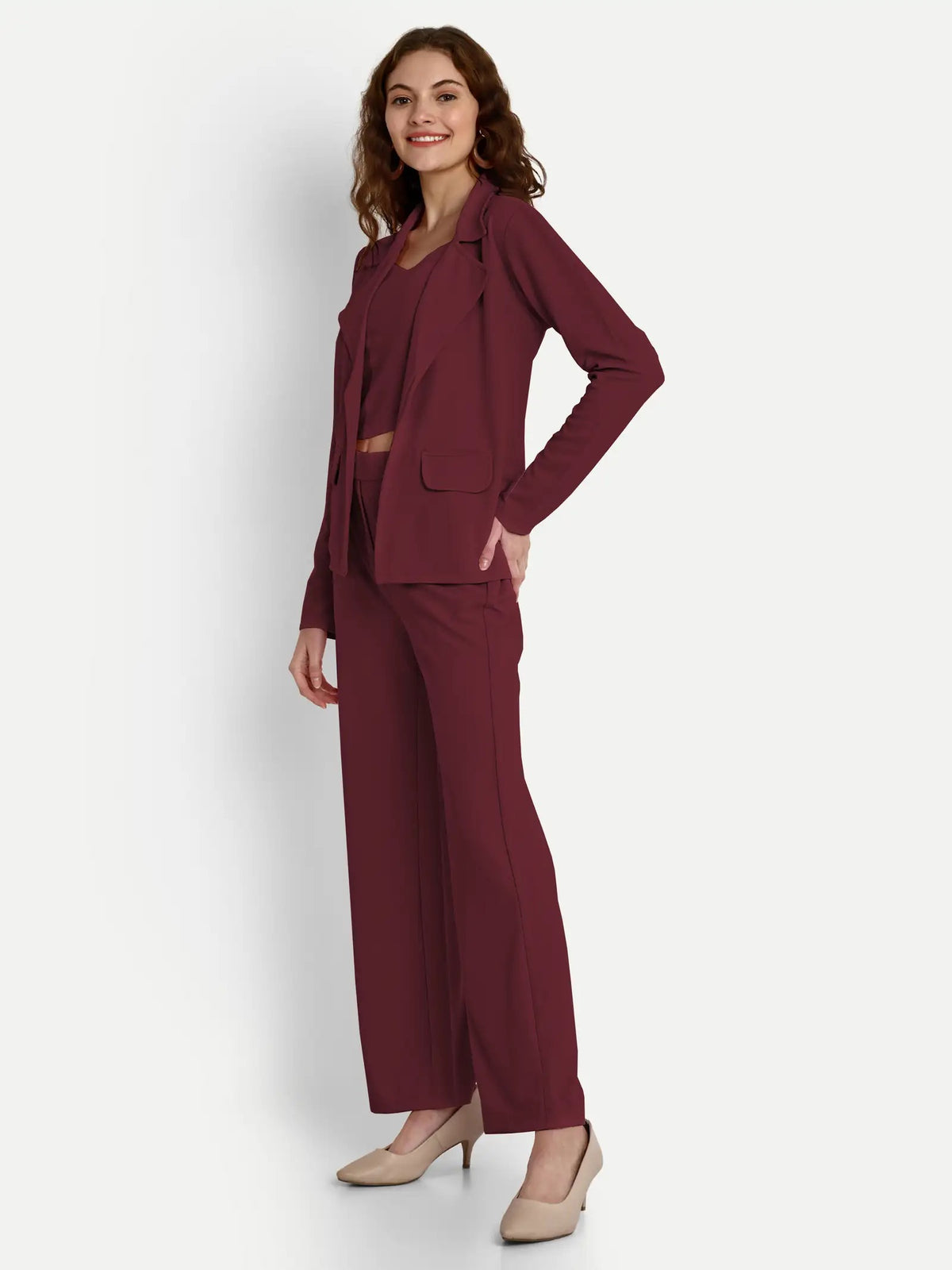 Maroon Solid Co-ord Set with Crop Top, Pant & Blazer