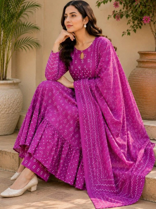 Purple Printed Anarkali Kurta Set with Trousers & Dupatta