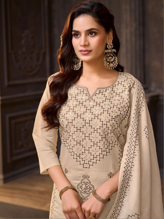 Women Embroidered Regular Thread Work Pure Silk Kurta with Trousers & With Dupatta