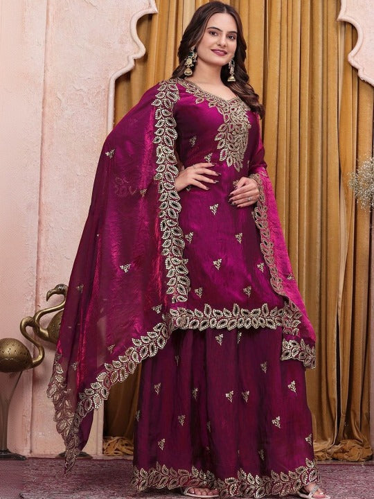 Women Ethnic Motifs Embroidered Regular Kurta with Sharara & With Dupatta