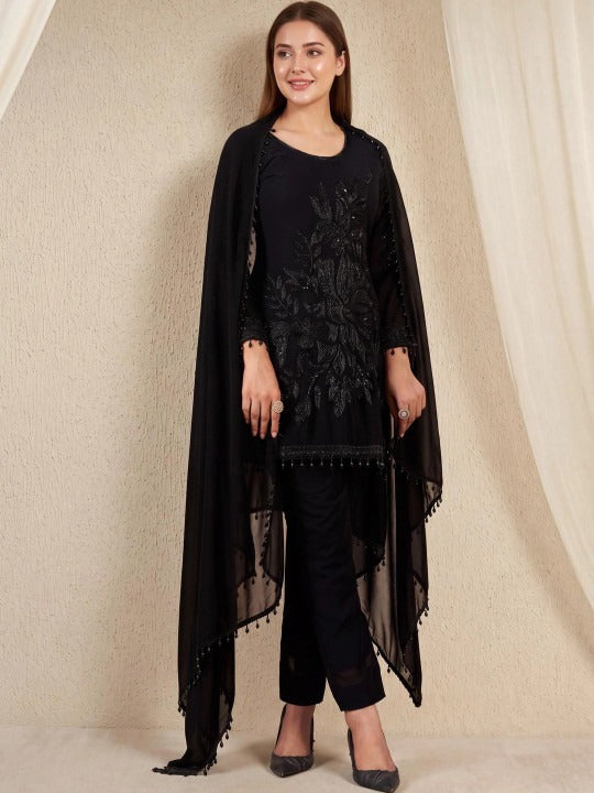 Women Floral Embroidered Regular Beads and Stones Kurta with Trousers & With Dupatta