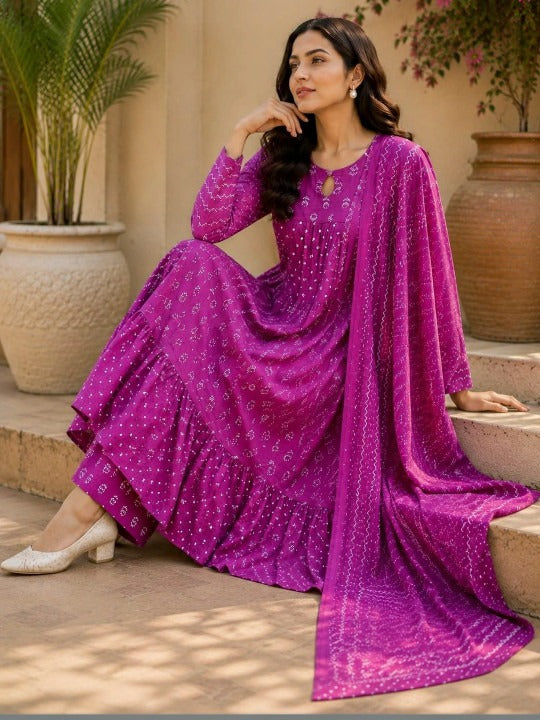 Purple Printed Anarkali Kurta Set with Trousers & Dupatta