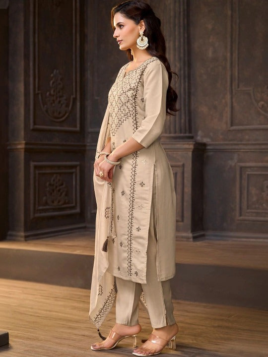 Women Embroidered Regular Thread Work Pure Silk Kurta with Trousers & With Dupatta