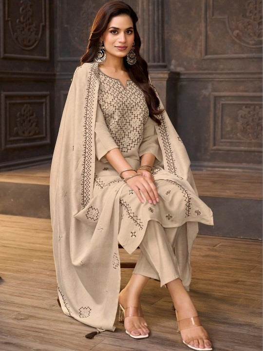 Women Embroidered Regular Thread Work Pure Silk Kurta with Trousers & With Dupatta