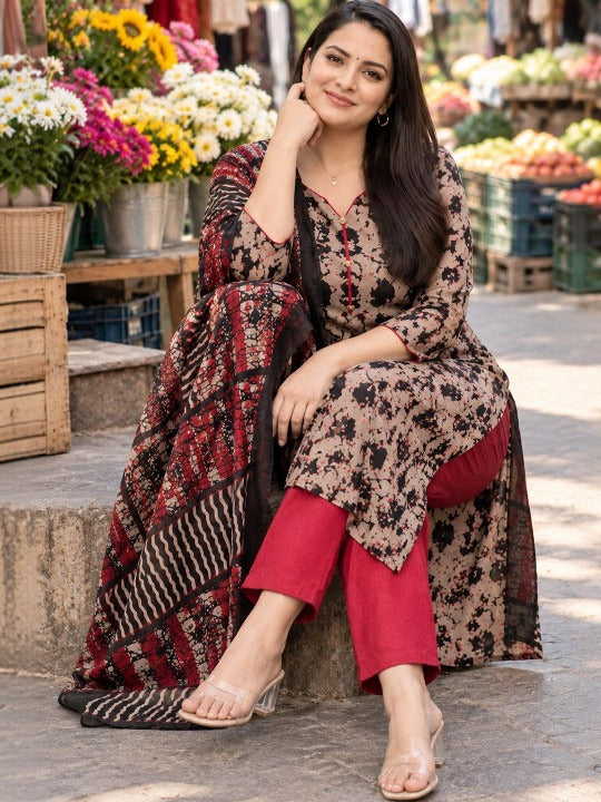 Women Ethnic Motifs Printed Regular Kurta with Trousers & With Dupatta