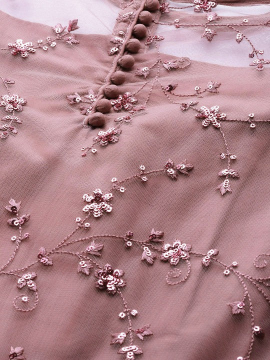 Women Mauve Net Floral Embroidered Sequinned Kurta with Palazzos & Dupatta