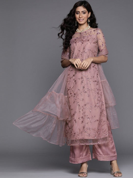 Women Mauve Net Floral Embroidered Sequinned Kurta with Palazzos & Dupatta