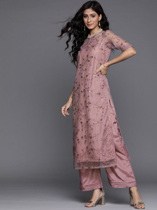 Women Mauve Net Floral Embroidered Sequinned Kurta with Palazzos & Dupatta