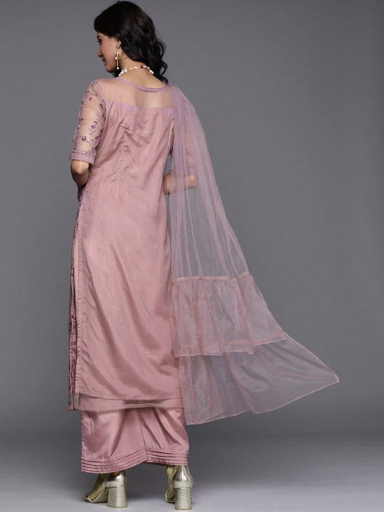 Women Mauve Net Floral Embroidered Sequinned Kurta with Palazzos & Dupatta