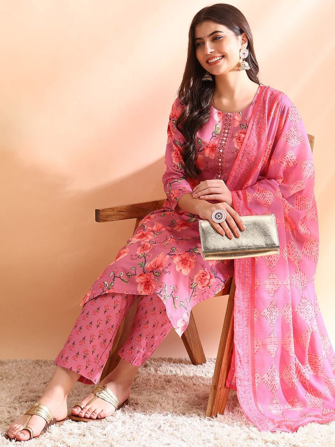 Floral Printed Mirror Work Straight Kurta With Trousers & Dupatta