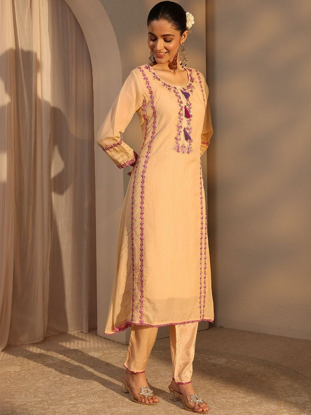 Women Ethnic Motifs Embroidered Regular Chanderi Cotton Kurta with Trousers & With Dupatta